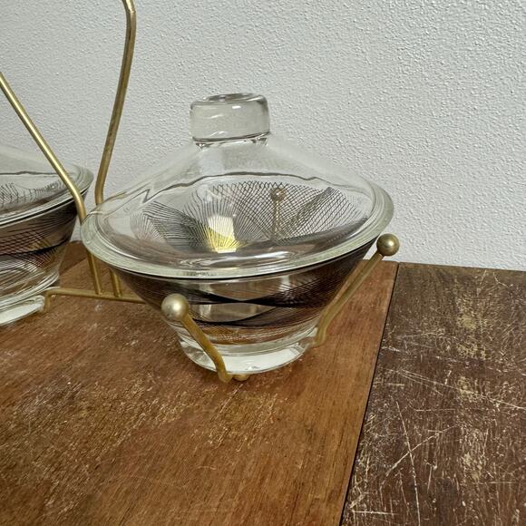 MCM Vintage Retro black gold design glass containers in metal condiment holder - Picture 3 of 10